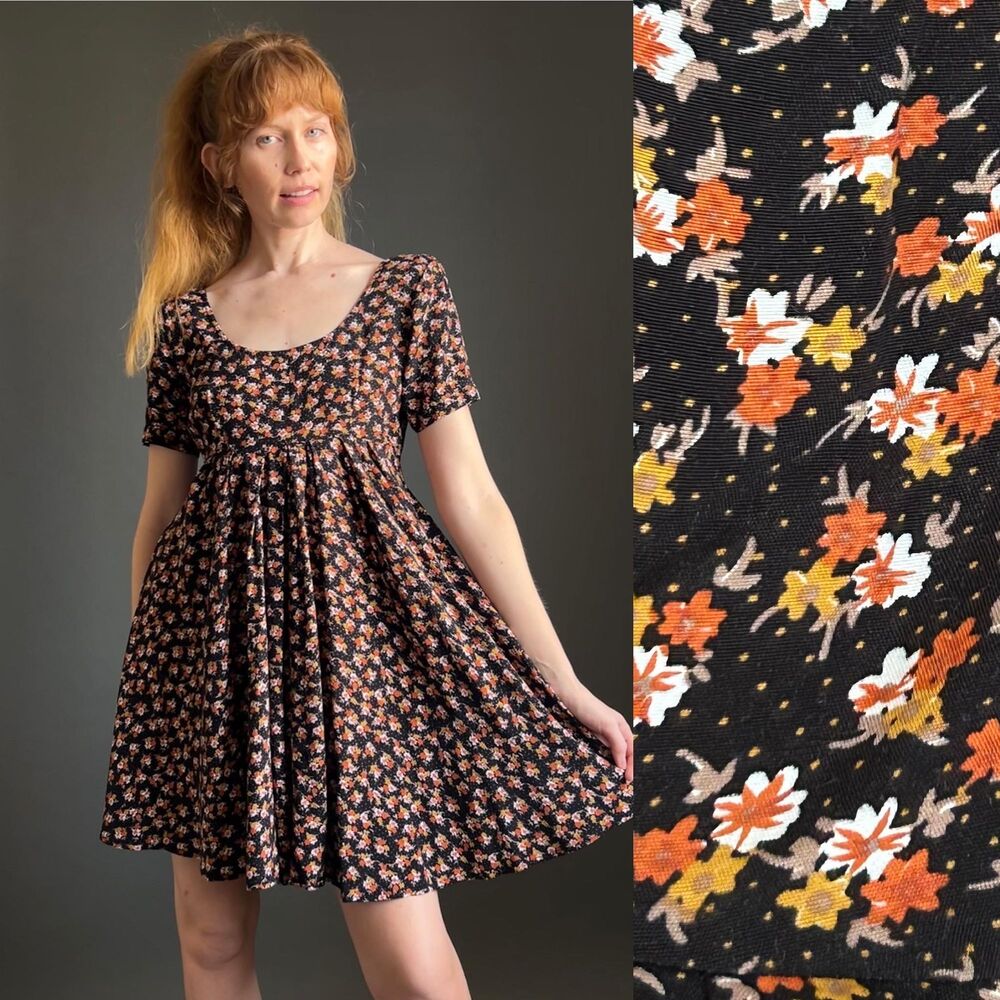 Vintage 1990s Empire Waist Floral Mini Dress, Small